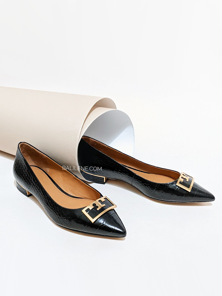 Tory Burch Gigi 20mm Pointed-Toe Flat Croco Embossed Black Tory Burch Gigi 20mm Pointed-Toe Flat Croco Embossed Black