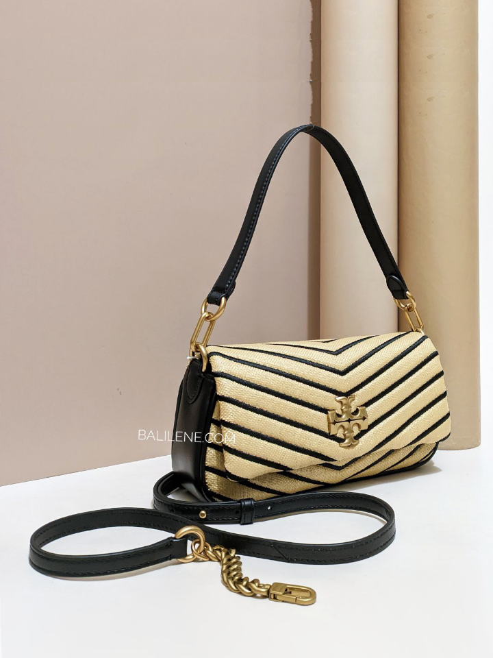 Tory Burch Kira Chevron Small Straw Shoulder Bag Natural Black Balilene