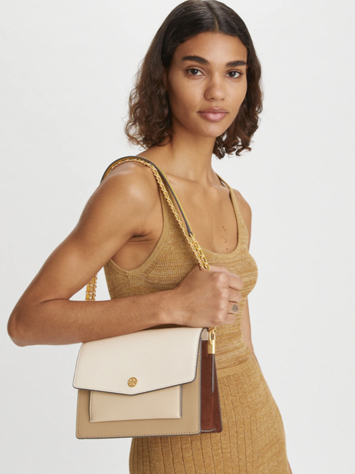 Tory Burch Robinson Color-block Convertible Shoulder Bag In Brie/Seaside Sand