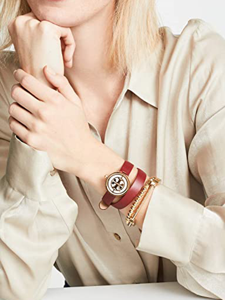 Tory-Burch-TBW4031-Reva-Double-Wrap-Red-Gold-Tone-Watch-Balilene-onmodel