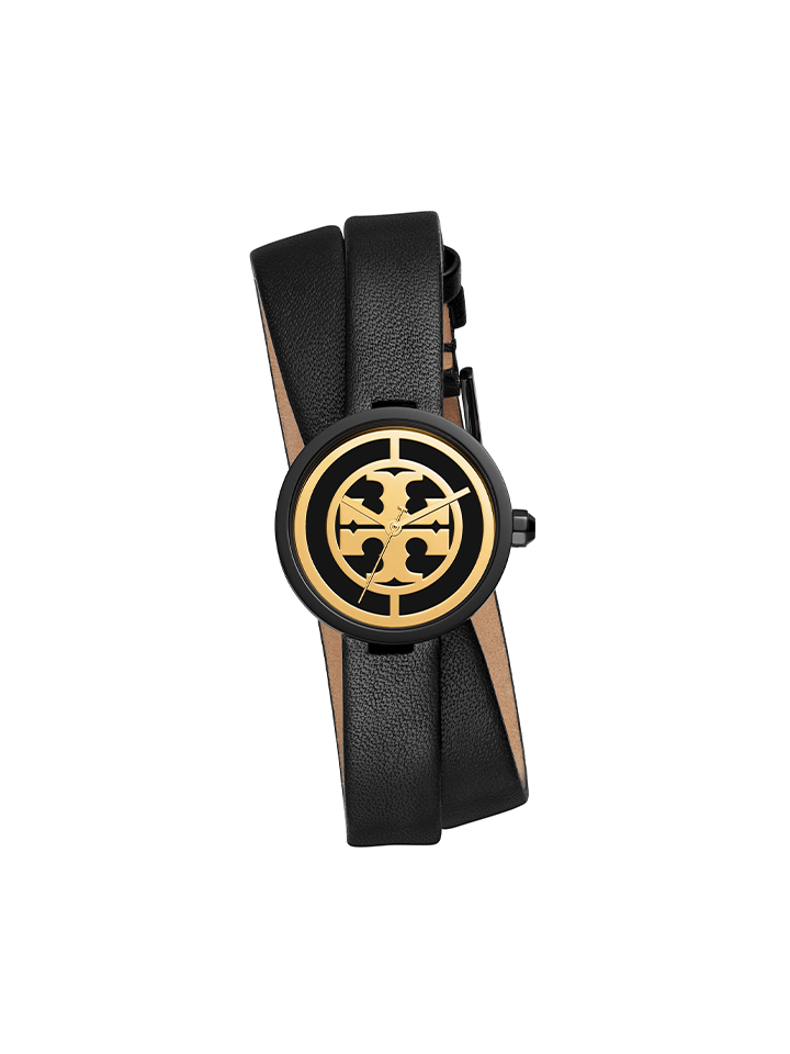 Tory Burch TBW4033 Reva Double Wrap Leather Strap Watch In Black Gold