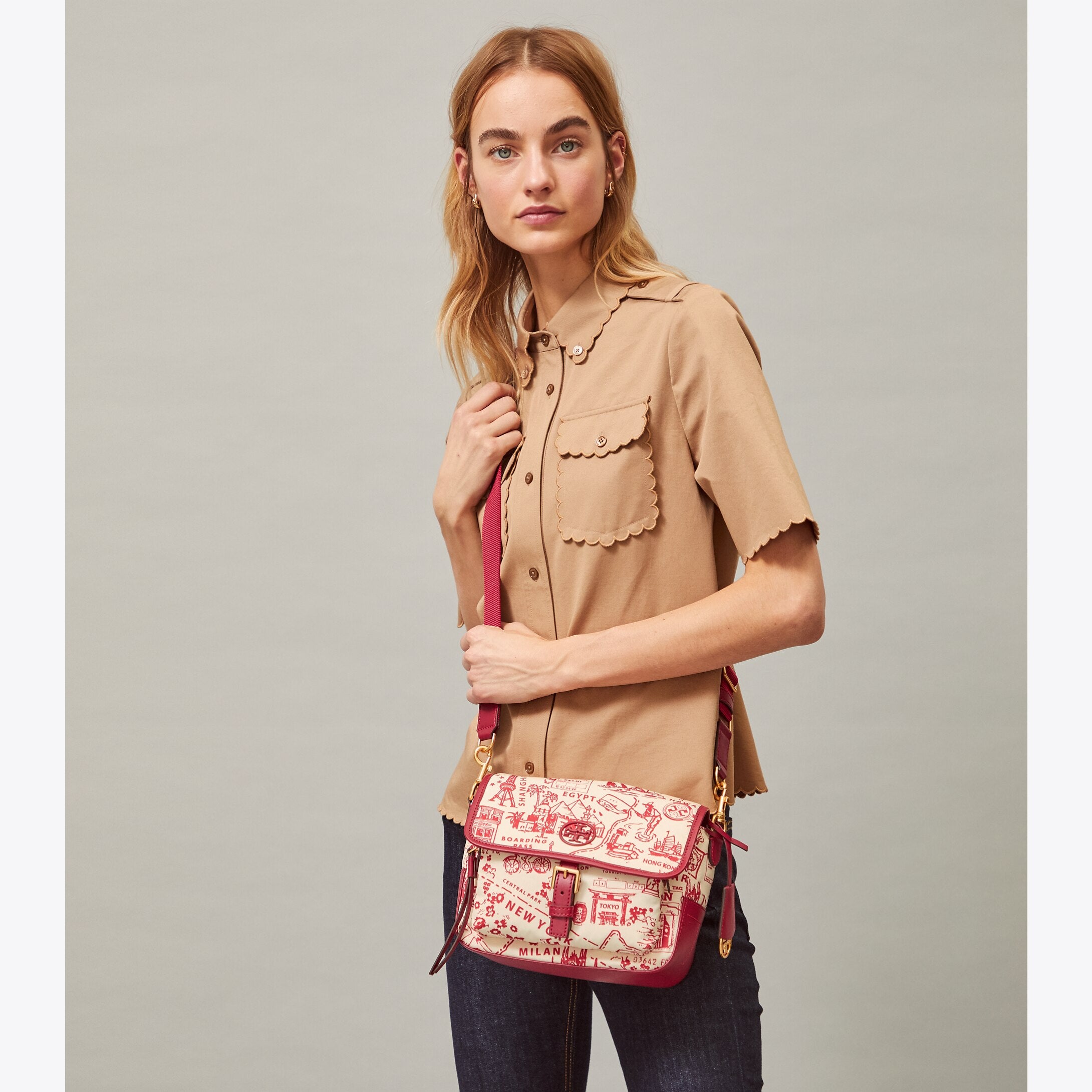 Tory Burch 74455 Perry Nylon Printed Crosbody Red Destination