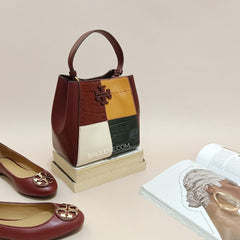 Tory Burch 74636 McGraw Embossed Colorblok Small Bucket Bag Claret