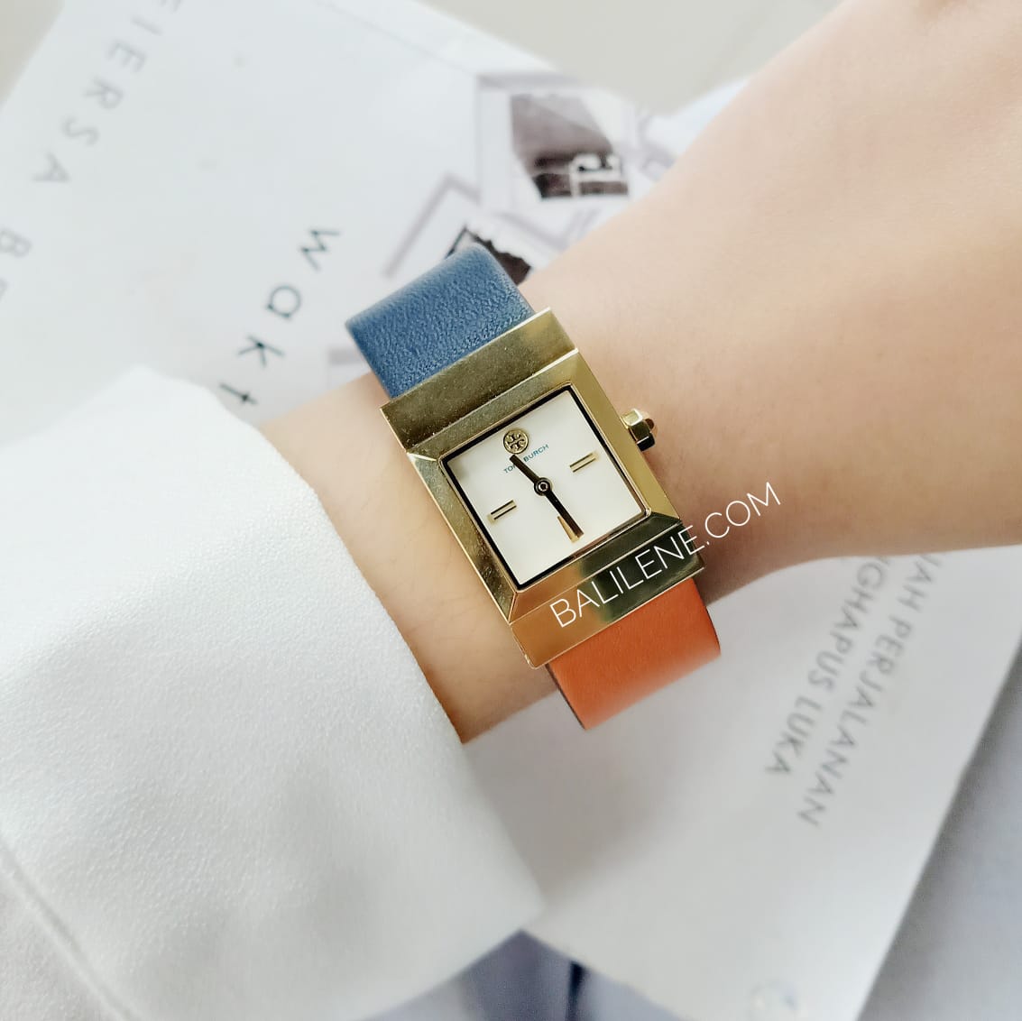Tory Burch TBW7051 Leigh Leather Reversible Strap Brown Navy Orange