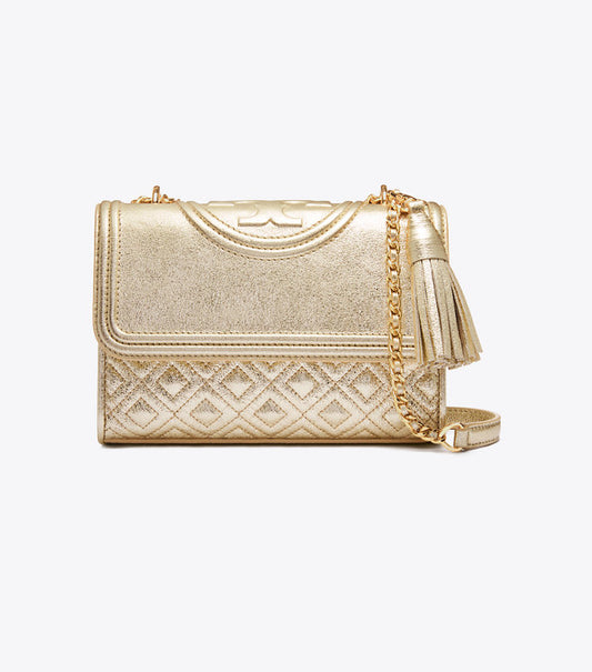 Tory Burch 52340 Fleming Metallic Small Convertible Shoulder Bag White Gold