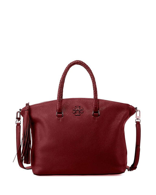 Tory Burch 52712 Taylor Braided Handle Imperial Garnet Leather Satchel