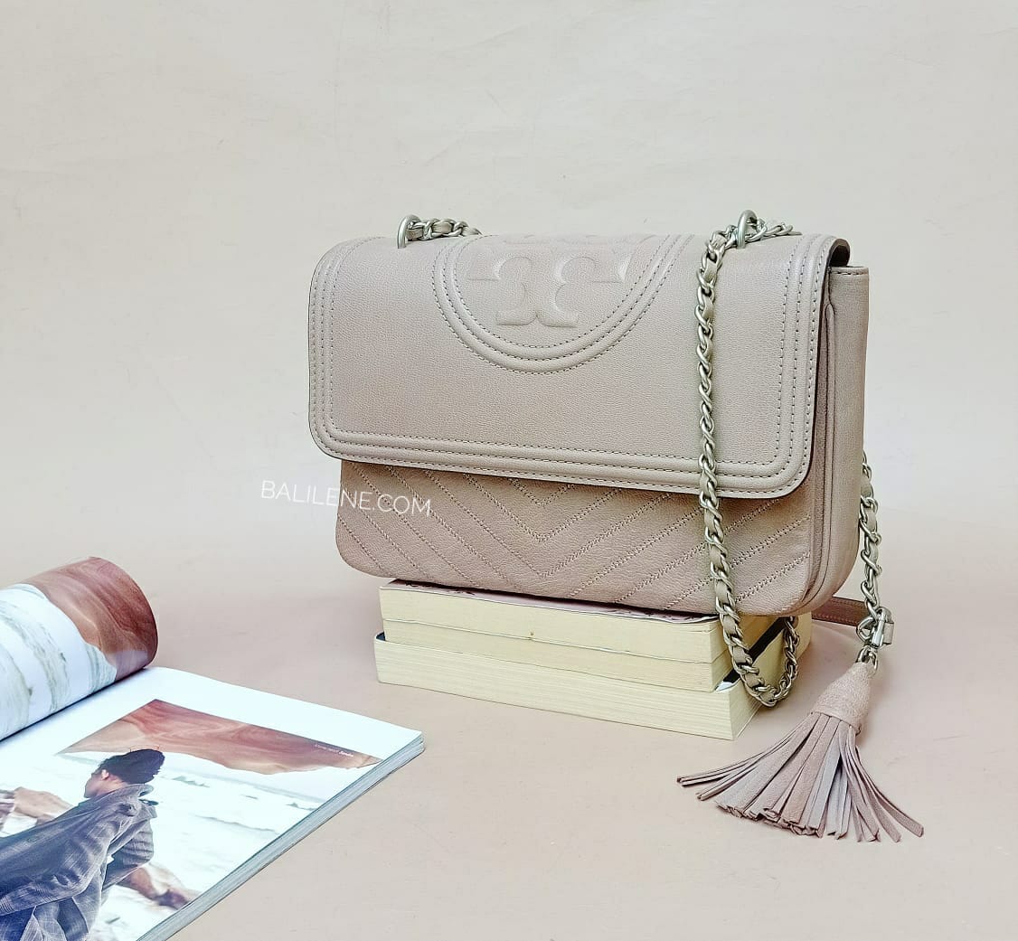 Tory Burch 54285 Fleming Distressed Flap Shoulder Bag Taupe