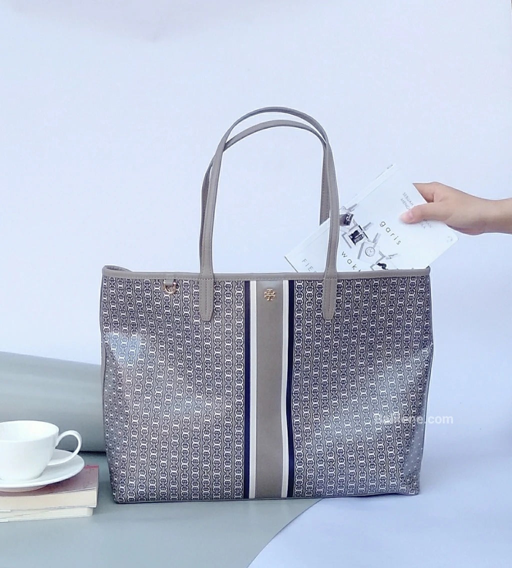 Tory Burch Gemini Tote French Gray Link Stripe