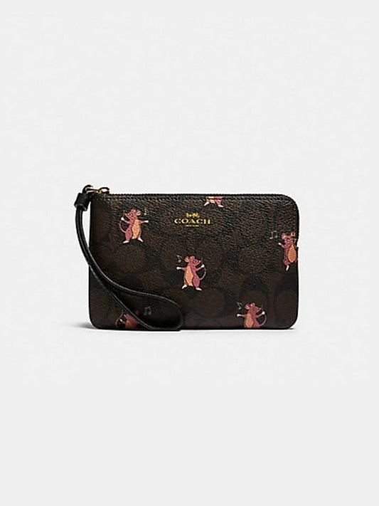Coach F87876 Corner Zip Wristlet Signature With Party Brown Pink Multi