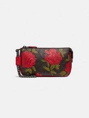 Coach F25787 Large Wristlet With Camo Rose Floral Print Brown Black Multi