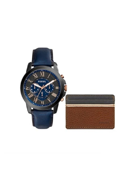Fossil FS5252SET  Men's Chronograph Grant Blue Leather Strap Watch & Leather Card Wallet Box