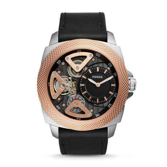jam-BQ2208-Fossil Privateer Sport Mechanical Black Leather Rose Gold-Balilene