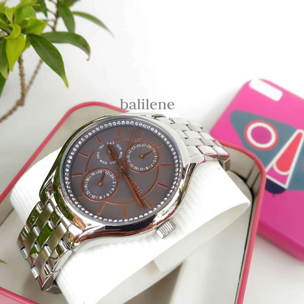 jam-Bq3165IE-Fossil Silver Crystal Multifunction Bracelet Watch-Balilene