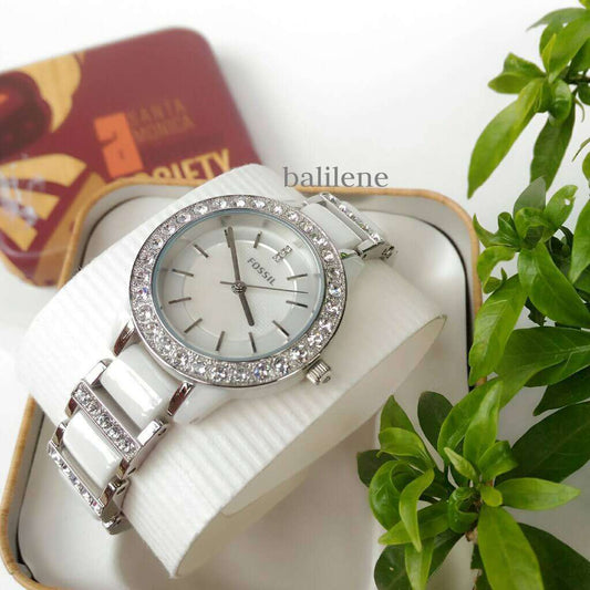 jam-Ce1017-Fossil Jesse Ceramic White Watch-Balilene