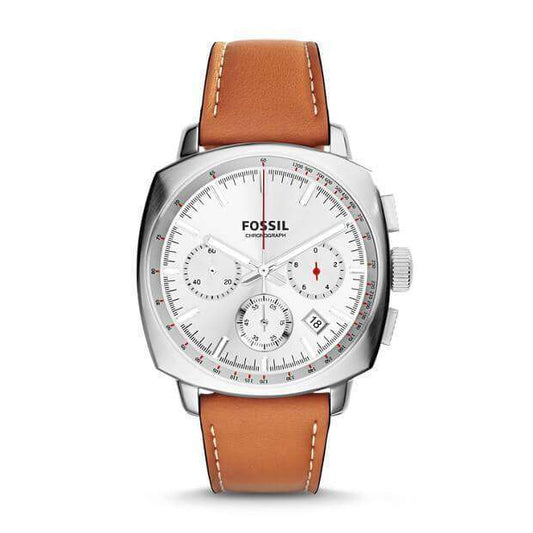 jam-Ch2985-Fossil Haywood Chronograph Dial Silver Tan Leather-Balilene