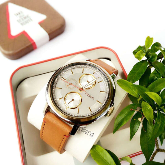 jam-ES3523-Fossil Chelsey Silver Dial Tan Leather Ladies Watch-Balilene