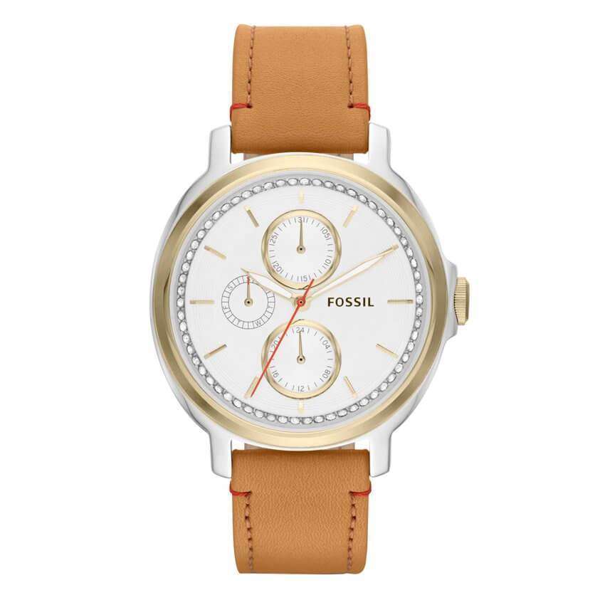 jam-ES3523-Fossil Chelsey Silver Dial Tan Leather Ladies Watch-Balilene
