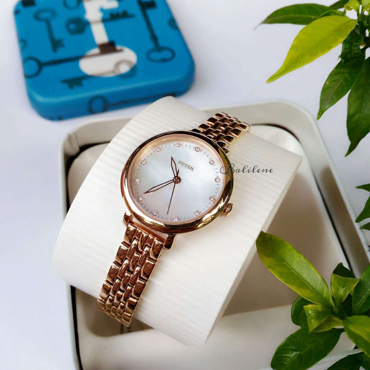jam-Es4031-Fossil Jacqueline Mini Mother Of Pearl Dial Ladies Rose Gold Watch-Balilene