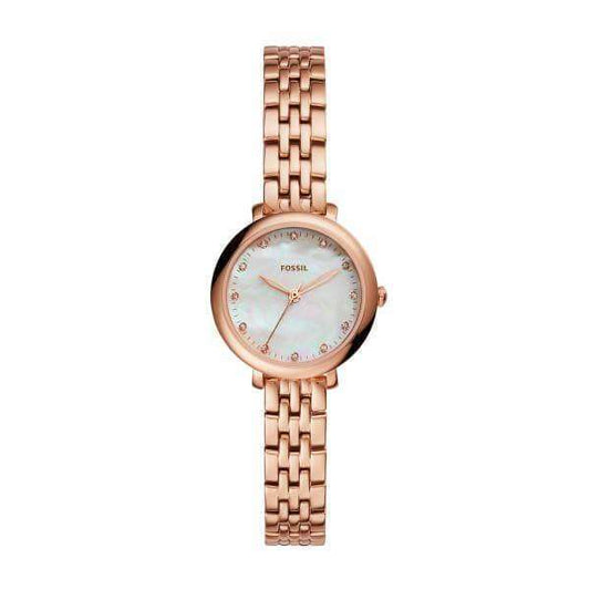 jam-Es4031-Fossil Jacqueline Mini Mother Of Pearl Dial Ladies Rose Gold Watch-Balilene