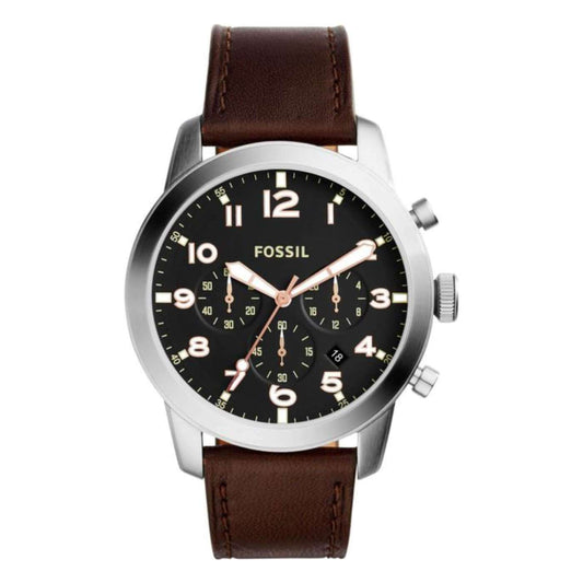 jam-Fs514-Fossil Pilot 54 Chronograph Black Dark Brown Leather Strap-Balilene