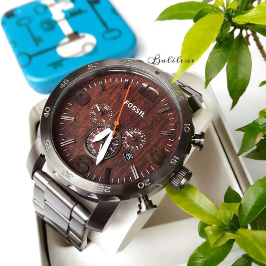 jam-JR1355-Fossil Nate Chronograph Wood Dial Watch-Balilene
