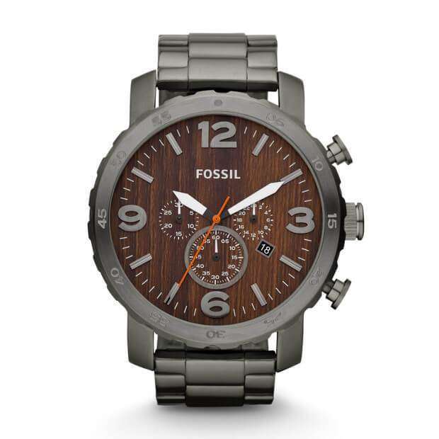 jam-JR1355-Fossil Nate Chronograph Wood Dial Watch-Balilene