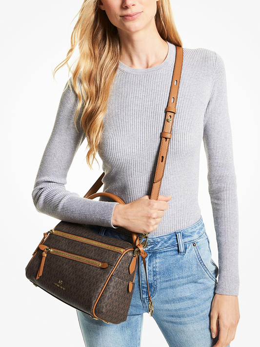 on-model-Michael-Kors-30F1G9LS6B-Lorimer-Medium-Logo-Satchel-Brown