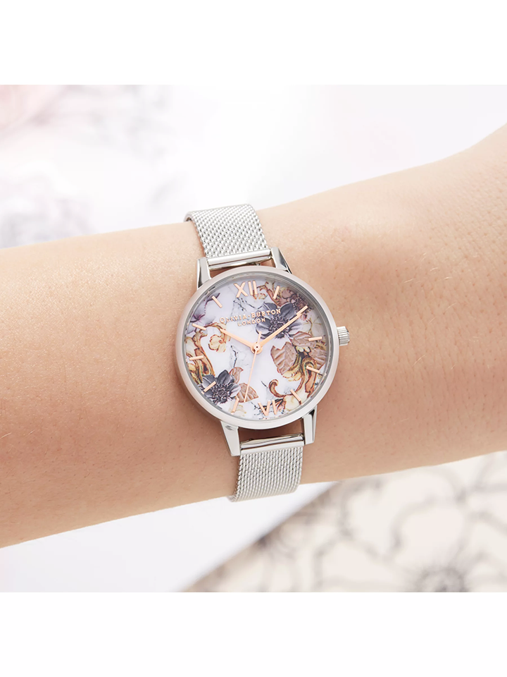 on-model-Olivia-Burton-OB16CS16-Marble-Florals-Mesh-Bracelet-Strap-Watch-Silver-Multi