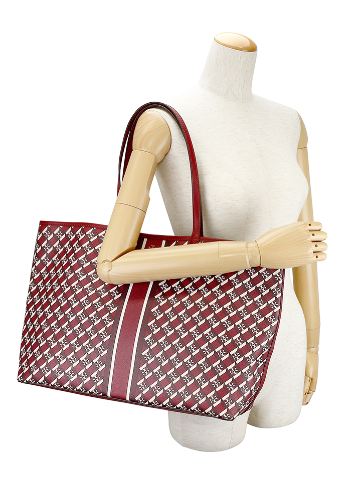 NWT Tory Burch 89762 Geo Logo With Stripe Tote In Crimson Red Canvas  Leather Bag